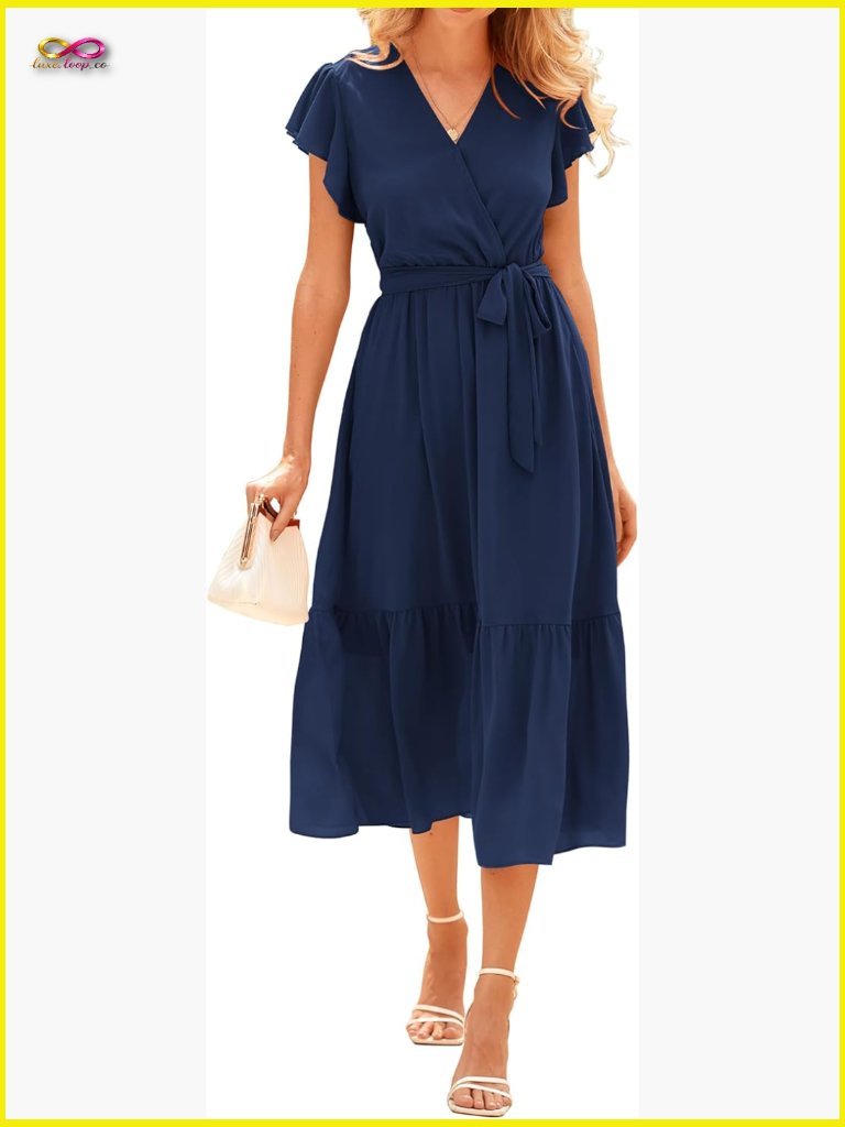 Boho Floral Wrap V Neck Ruffle Cap Sleeveless A-Line Midi Sun Dress Pleated